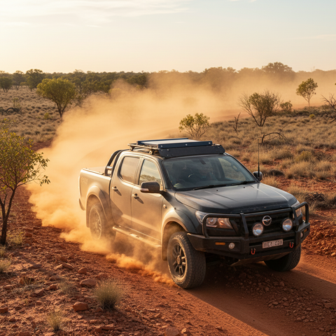Black off-road pickup truck with roof-mounted Amazon Leo Pro receiver in an in-motion mount, driving through red dirt track in the Australian outback at sunset.